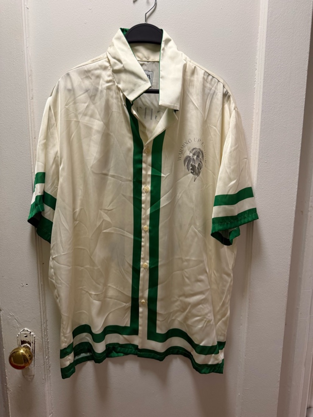 Zara Cream Short-Sleeve Button-Down with Green Stripe Accents